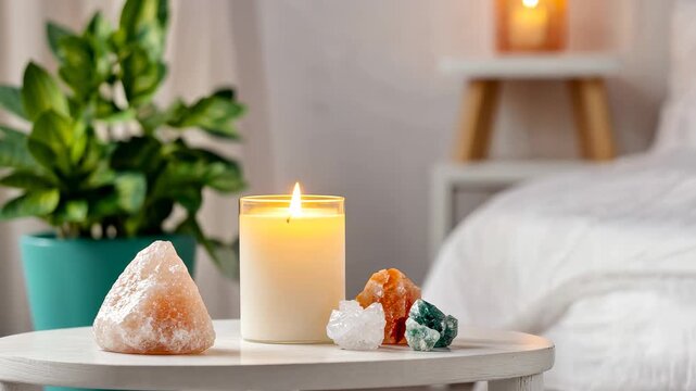 Cozy candlelight and crystals on a bedside table amidst indoor greenery ambiance