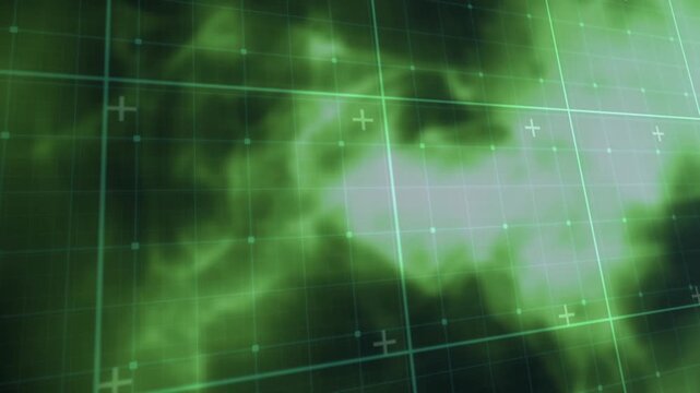 Animation of glowing green flames over grid