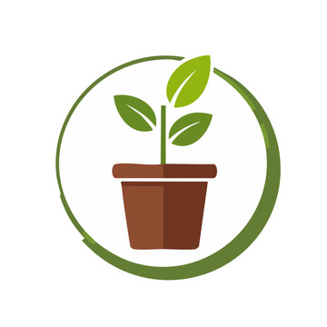 Green plant in brown pot inside green circle logo icon symbolizing growth and nature