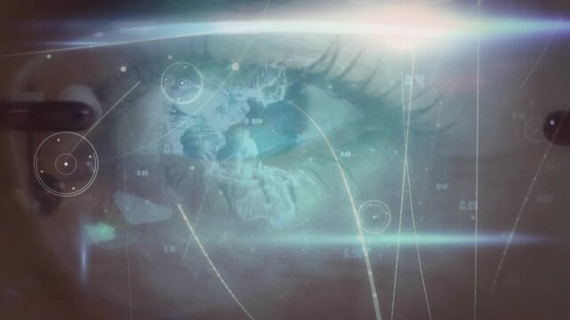 Animation of connections and globe over eye of caucasian woman