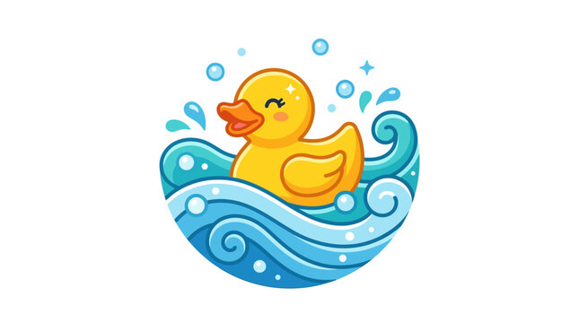 Cute Yellow Rubber Duck Floating in Water Waves.
