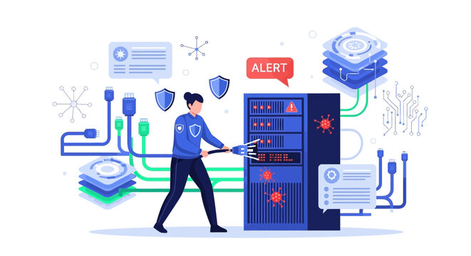 Cybersecurity professional actively securing server rack against digital threats.