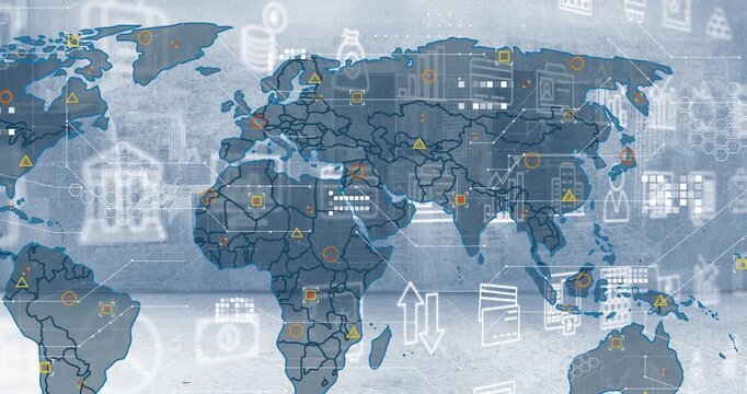 Animation of world map and financial icons over cityscape
