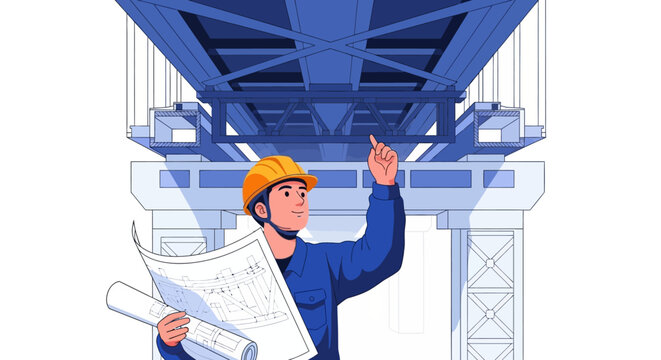 Construction worker inspecting bridge blueprints with helmet.