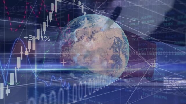 Animation of financial data, globe and graphs over hands of caucasian man making notes