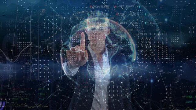 Animation of scope scanning with network of connections with icons over blue man holding globe