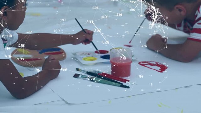 Animation of globe with network of connections over diverse schoolchildren painting in classroom
