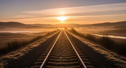 Obraz premium Golden Sunrise Over Railroad Tracks Leading Towards Distant Hills Foggy Morning Landscape