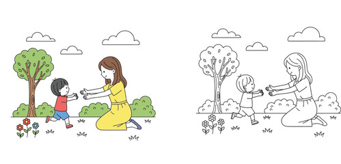 Fototapeta premium Happy child running to mother for a hug in nature. Vector coloring book page with full color and line art versions.