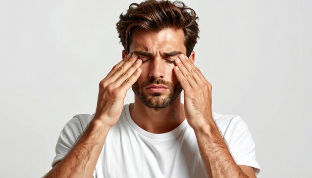 Stressed and tired young man in white t-shirt suffering from severe eye strain or headache, rubbing his eyes with an expression of discomfort and fatigue on a white background