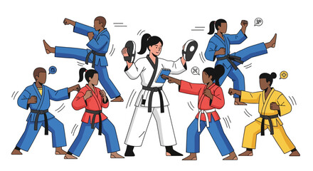 Fototapeta premium Diverse group of martial artists practicing karate techniques together.