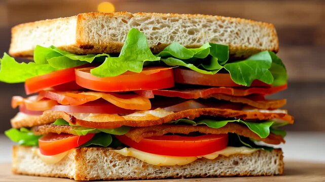 Delicately arranged blt sandwich with fresh vegetables and crisp bacon closeup sequence