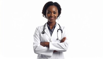 Fototapeta premium Confident female doctor with stethoscope and arms crossed, looking at the camera with a friendly smile