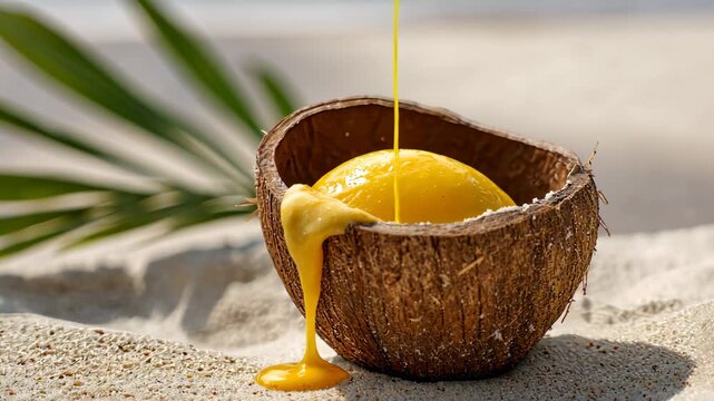 Tropical mango sorbet melting in coconut shell on sunny beach sand