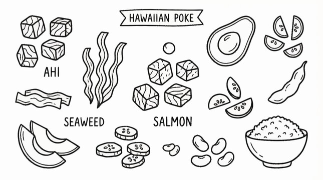 Hawaiian Poke Bowl Illustration with Fresh Ahi Salmon Avocado and Seaweed
