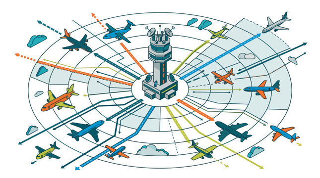Isometric illustration of air traffic control managing multiple aircraft flights, depicting complex flight paths and airspace navigation.