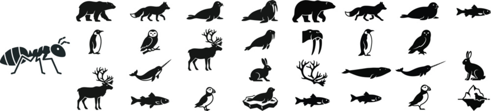 Arctic and Polar Animals Silhouette Icons&ndash; Wildlife, Marine Life & Bird Vector Set