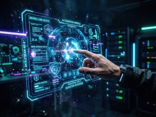 Fototapeta premium human hand interacting with glowing AI hologram interface, futuristic technology, dark background, neon light, high detail