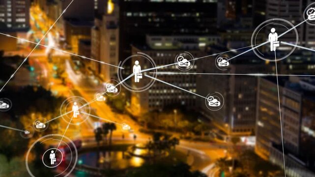 Animation of network of connections over night cityscape