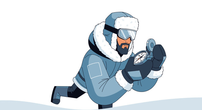 Explorer with Compass Navigating Snowy Terrain.