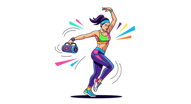 Energetic Woman Dancing with Boombox and Colorful Sound Waves.