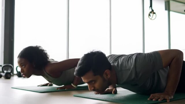 Two diverse individuals, 25-35, in muted athletic wear, do synchronized push-ups on mats in a modern gym with natural light. High motivation and collaborative achievement