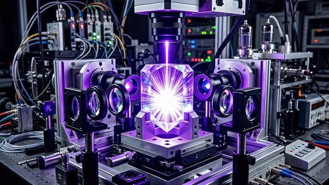 Holographic memory crystal undergoes rewrite process via intense burst of ultraviolet light erasing data layers surrounded by optical lenses.