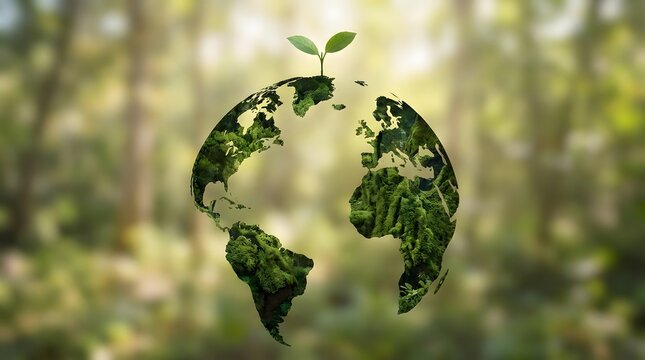 Stylized globe made of lush green forest with a new sprout emerging from the top against a softly blurred natural background