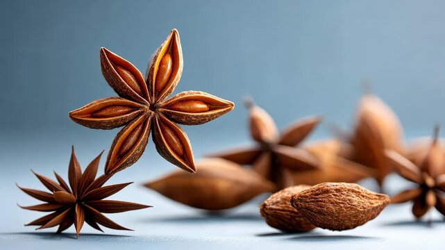 Floating star anise dancing gracefully with almonds on modern blue surface