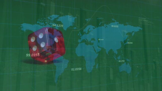 Animation of data processing and world map over dices