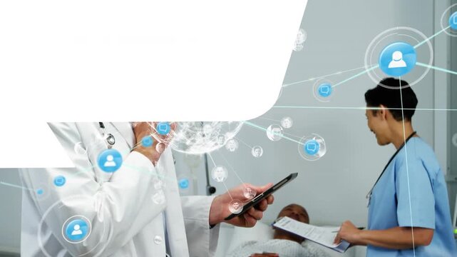 Animation of globe with connections and data processing over patient and doctors