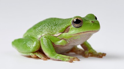 Obraz premium Macro shot of a single green tree frog against a clean white backdrop, crisp details and soft shadows