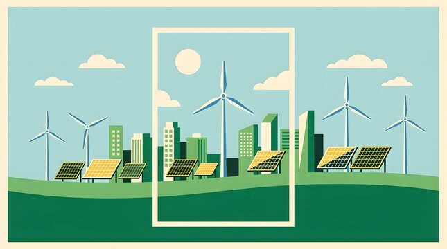 A sustainable city powered by renewable energy sources including wind turbines and solar panels against a bright sky