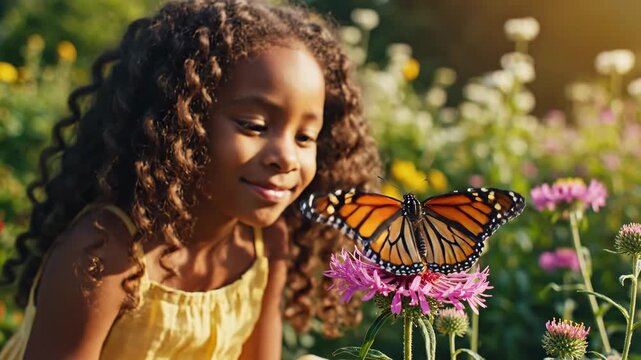 Young girl observing colorful butterfly on vibrant flower in natural outdoor setting, curiosity and wonder