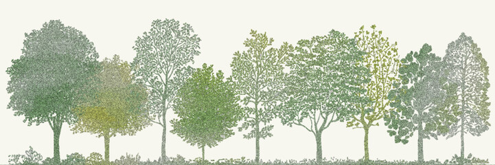 Fototapeta premium Minimal CAD Tree Line Drawing, Architectural Landscape Design Elements, Side View Forest Section, Wildlife Outline Symbols, Clean Vector Illustration in White Stroke Fill for Urban Planning Projects
