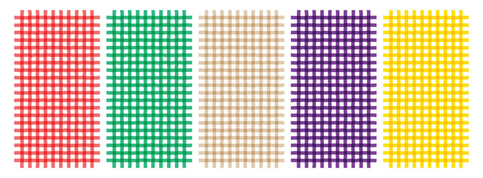 Set of colorful gingham checkered patterns in red, green, tan, purple and yellow color