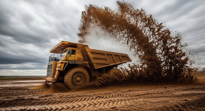 Heavy-duty dump truck unloading dirt on construction site with clouds in background. Powerful dump truck ejects soil efficiently, creating a splash of mud on worksite.