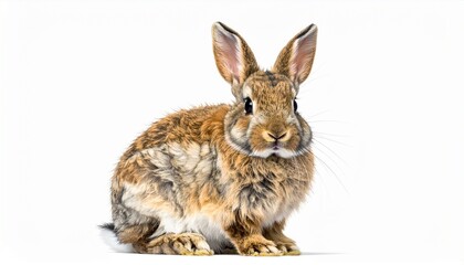 Obraz premium Adorable brown and grey domestic rabbit with alert ears and captivating eyes sitting peacefully on a crisp white background, captured in a clean studio portrait