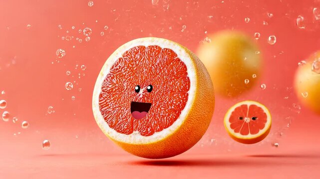 Playful grapefruit animation with bubbles and orange background