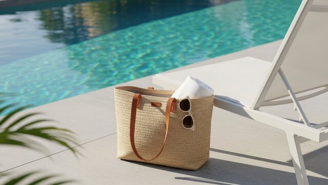 Stylish woven straw tote bag with leather handles and a white towel resting poolside on a sunny day