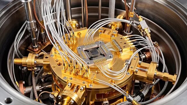 Inside a dilution refrigerator, the lowest stage of a quantum computer operates at milli-Kelvin with gold components and microwave cables.
