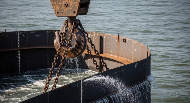 Heavy working equipment featuring a crane hook lifting water from a circular basin. Functional crane hook is designed for transporting materials, showcasing its precision in heavy lifting.