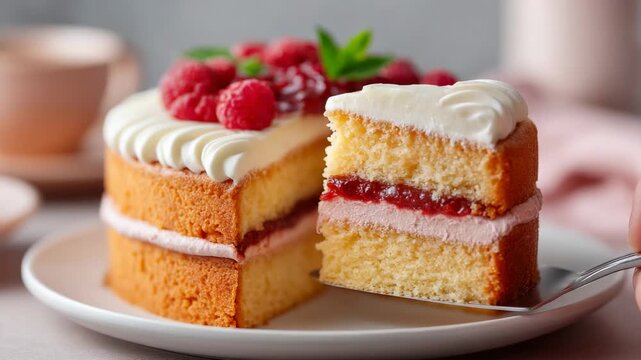 Delectable raspberry layer cake slice on fork with whipped cream and mint garnish