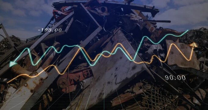 Animation of financial data processing and statistics over machinery in wasteland