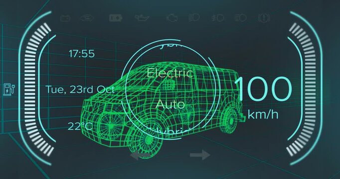 Animation of speedometer with texts, changing numbers over 3d model of van against black background