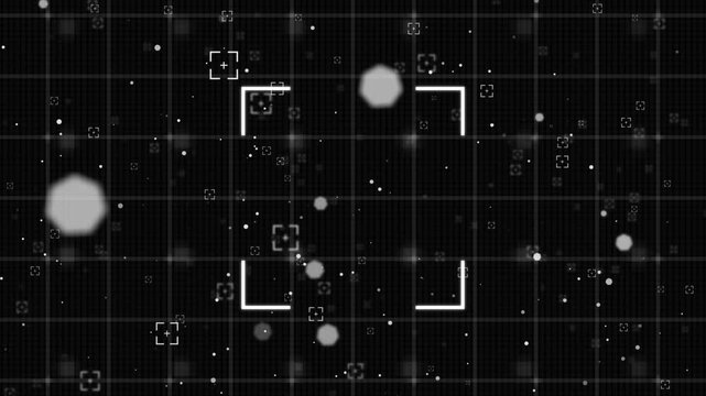 Animation of video camera viewfinders with dots and grid on black background