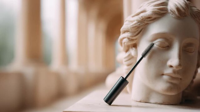 A white marble classical sculpture of a woman's face with a black mascara brush applying makeup to the eye.