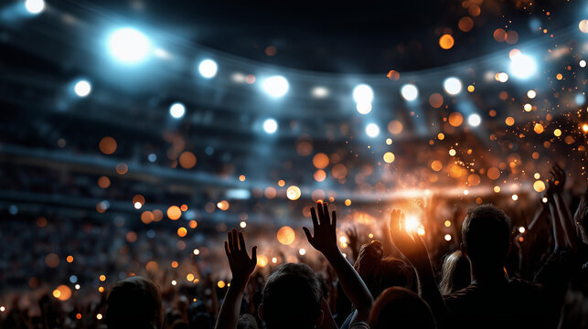 Massive crowd watching electric performance in stadium during dramatic moment, excitement and thrill of live events and shared experiences encapsulated concept, defocused