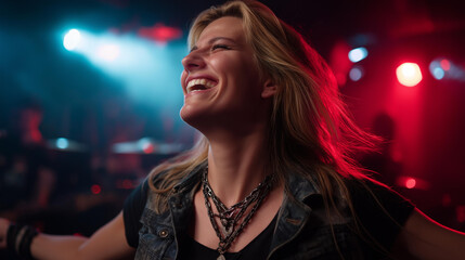 Fototapeta premium Faceless woman expressing passion for music singing energetically at performance with vibrant lighting and instruments in background amplifying energy concept, defocused