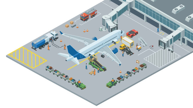 Isometric illustration of airport ground operations: an airplane serviced by vehicles and crew near the terminal.